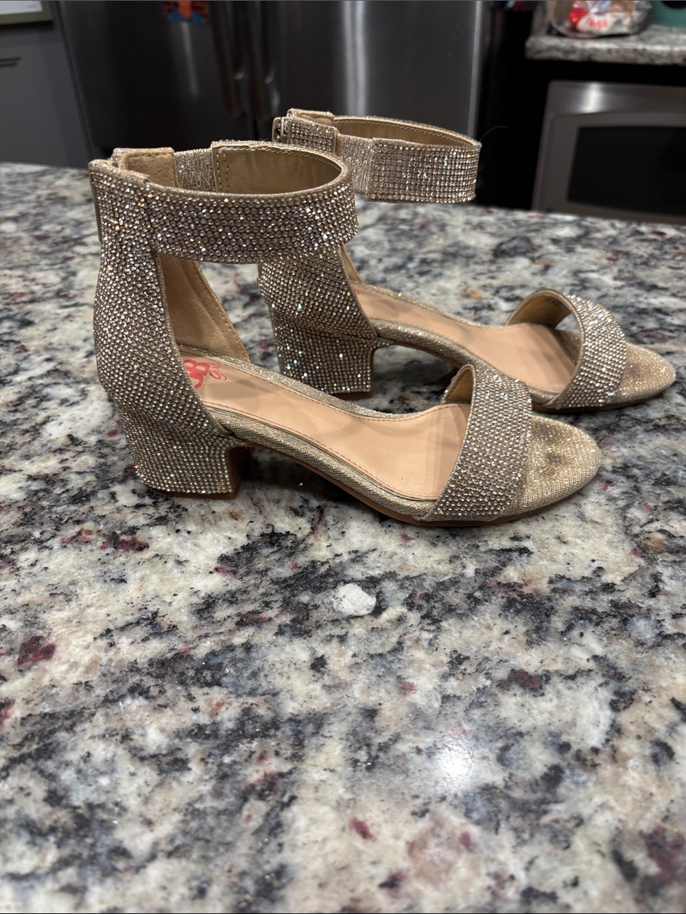 GB Girls Gold Rhinestone Ankle-Strap Block Heels